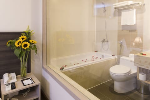 Senior Triple Room, Balcony, City View | Bathroom | Shower, free toiletries, hair dryer, bathrobes
