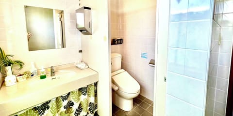 Combined shower/tub, deep soaking tub, free toiletries, hair dryer