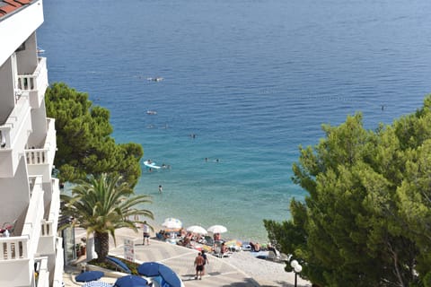 On the beach, sun loungers, beach umbrellas, beach towels