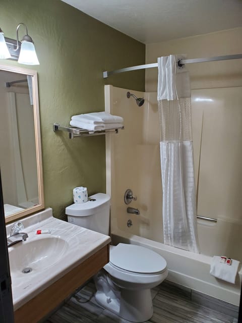 Combined shower/tub, free toiletries, hair dryer, towels