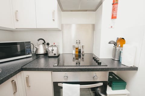 Deluxe Studio | Private kitchen | Fridge, microwave, oven, stovetop