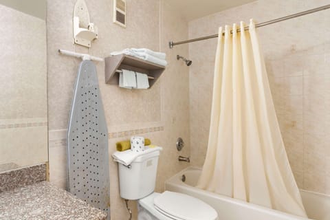 Combined shower/tub, free toiletries, towels