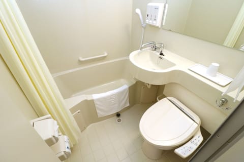 Combined shower/tub, hair dryer, slippers, electronic bidet