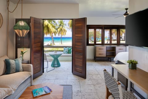 Junior Suite, 1 King Bed with Sofa bed, Non Smoking, Beachfront | Beach | On the beach, sun loungers, beach towels