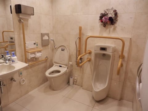 Combined shower/tub, free toiletries, slippers, electronic bidet