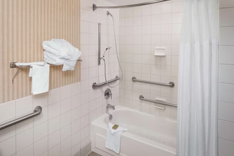 Combined shower/tub, free toiletries, hair dryer, towels