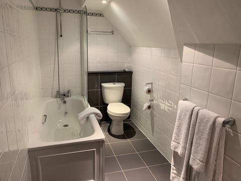 Combined shower/tub, free toiletries, hair dryer, towels