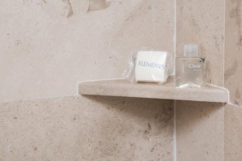 Shower, free toiletries, hair dryer, towels