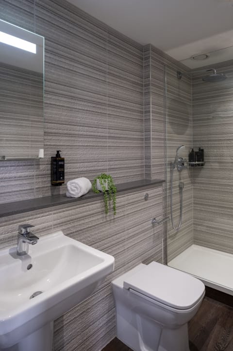 Combined shower/tub, free toiletries, hair dryer, towels