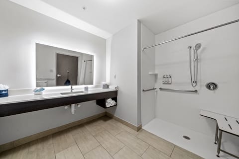 Suite, 1 King Bed, Roll-in Shower (Communications Accessible) | Bathroom | Free toiletries, hair dryer, towels