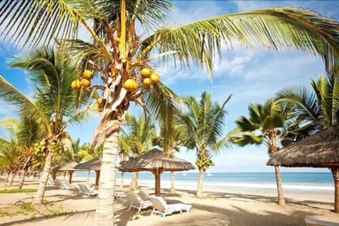 On the beach, sun loungers, beach umbrellas, beach towels