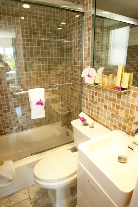 Deluxe Room | Bathroom | Combined shower/tub, rainfall showerhead, designer toiletries