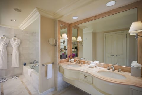 Separate tub and shower, deep soaking tub, designer toiletries