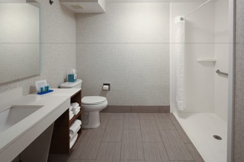 Combined shower/tub, hair dryer, towels