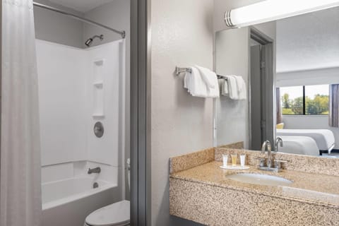 Combined shower/tub, free toiletries, hair dryer, towels