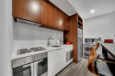 Deluxe Apartment, 2 Bedrooms, City View | Private kitchen | Full-size fridge, microwave, oven, stovetop