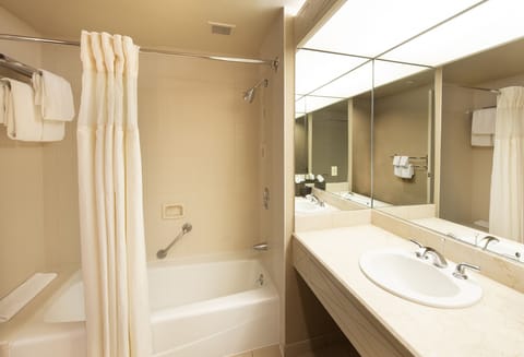 Combined shower/tub, eco-friendly toiletries, hair dryer, towels