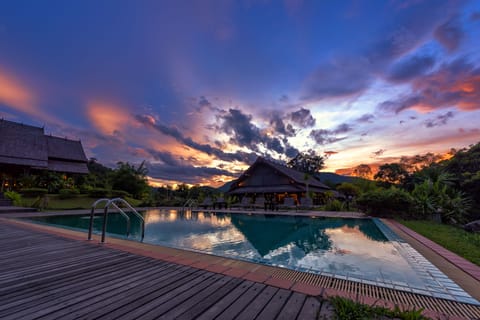 Outdoor pool, pool umbrellas, sun loungers