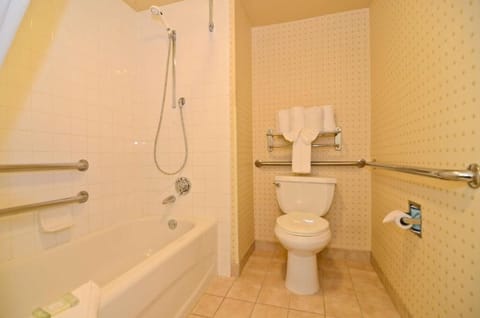 Combined shower/tub, free toiletries, hair dryer, towels