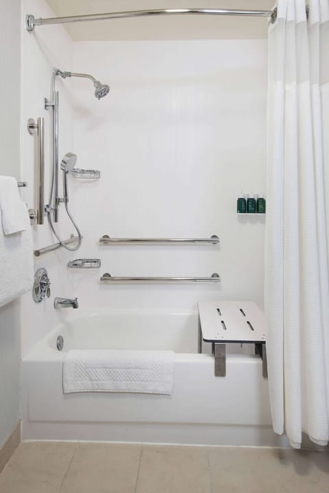 Combined shower/tub, free toiletries, hair dryer, towels