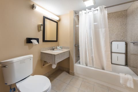 Combined shower/tub, free toiletries, towels