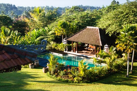 Outdoor pool, pool umbrellas, sun loungers