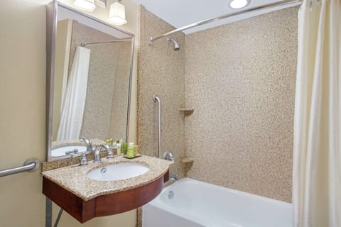 Combined shower/tub, free toiletries, hair dryer, towels