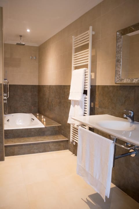 Combined shower/tub, hair dryer, towels