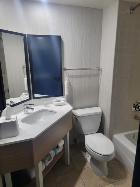 Room, 1 King Bed | Bathroom | Combined shower/tub, free toiletries, hair dryer, towels