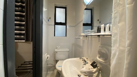 Combined shower/tub, free toiletries, hair dryer, towels