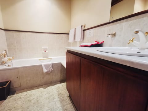 Executive Suite | Bathroom | Hair dryer, slippers, towels, soap