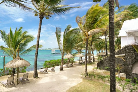 On the beach, sun loungers, snorkeling