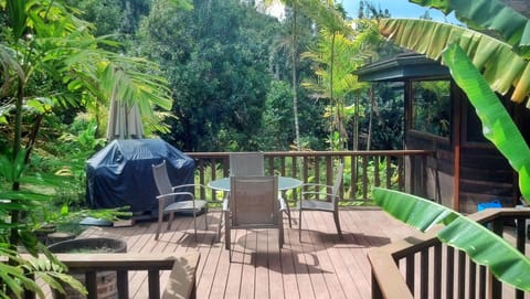 Back lanai with sunny breakfast spot and 5-burner grill.