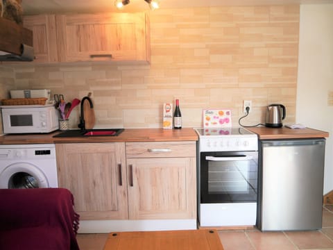 Kitchen area, with washing machine, microwave, electric cooker and fridge