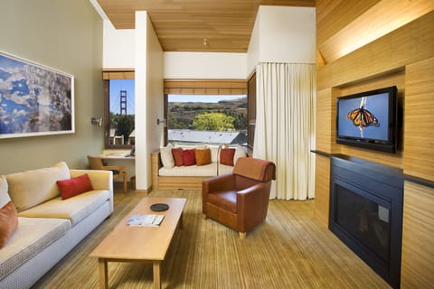 Suite, 1 King Bed, Golden Gate View (Contemporary) | Living room | 48-inch LCD TV with cable channels, TV, fireplace