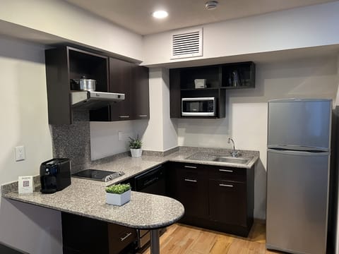 Full-size fridge, microwave, stovetop, dishwasher