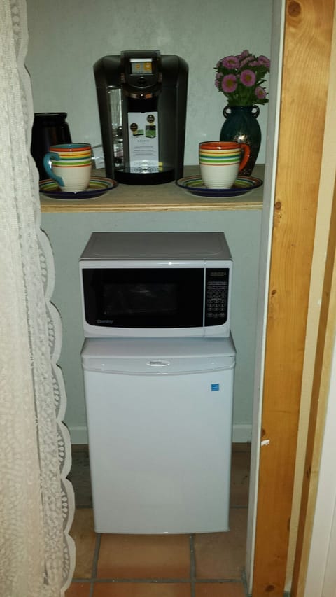 In-room. Small fridge, microwave, kuerig.