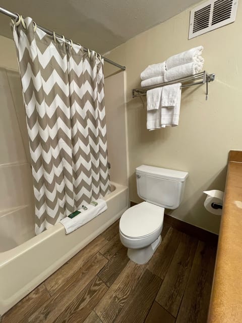 Combined shower/tub, hair dryer, towels, soap