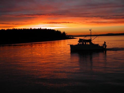 View from living room of a gorgeous sunset with a boat coming into the bay