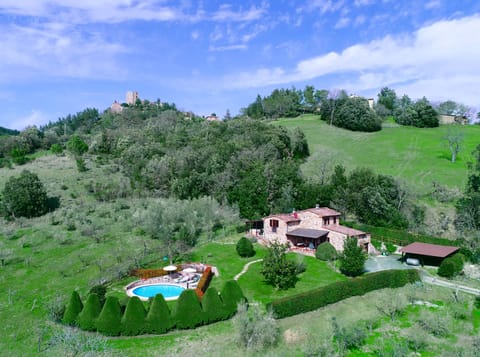 Aereal view of Tuscany villa: lawn and pool