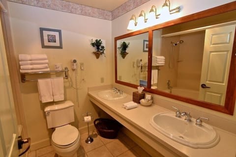 xxUpstairs Ocean View, 2 Queens | Bathroom | Hair dryer, bathrobes, towels