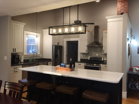 Custom kitchen cabinets, quartz counters, farmhouse sink, and all new appliances
