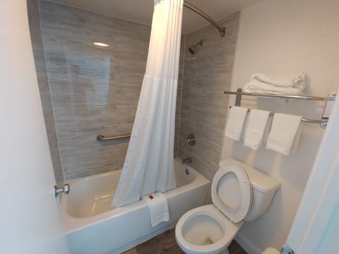 Shower, deep soaking tub, free toiletries, hair dryer