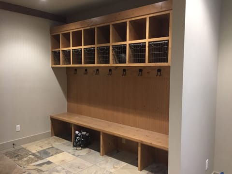 Mud Room with space for coats and gear. Separate Ski/Snowboard storage