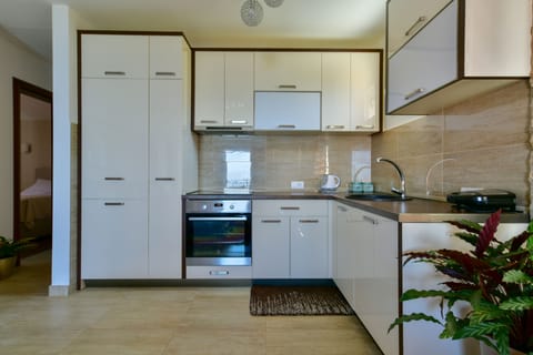 Deluxe Apartment, 2 Bedrooms, Sea View | Private kitchen | Fridge, stovetop, coffee/tea maker, electric kettle