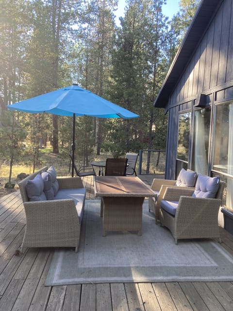 Comfy wicker seating on the large deck