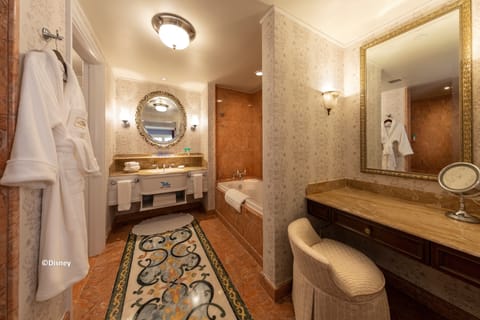Kingdom Club Cinderella Suite, 2 Double Beds OR 1 King Bed | Bathroom | Combined shower/tub, deep soaking tub, designer toiletries, hair dryer