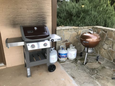 Propane and charcoal grills on the lake-level patio. Propane fire pit for smores