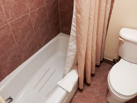 Combined shower/tub, free toiletries, towels