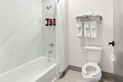 Combined shower/tub, free toiletries, hair dryer, towels